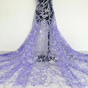 Purple embroidered floral lace fabric, sequined floral tulle fabric, mesh fabric, for flower girl dresses, party dresses, costume design