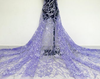 Purple embroidered floral lace fabric, sequined floral tulle fabric, mesh fabric, for flower dresses, party dresses, costume design