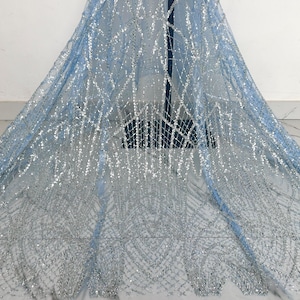 Blue Sequins Lace Fabric,Fashion Beaded Fabric,Shinny Sequins Beaded Lace Fabric By Yard,For Bridals,Weddings,Prom Dress