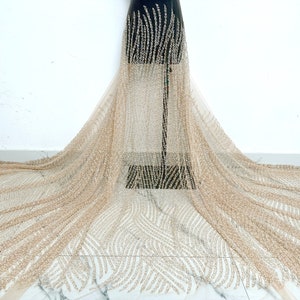 Champagne color heavy beaded lace fabric, pearl sequin tulle fabric, for bridal gown, beaded tulle clothing fabric, lace mesh