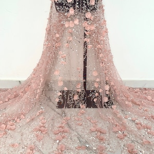 Pink 3D floral lace fabric,sequined beaded lace fabric,organza floral fabric,girl dress fabric,veil fabric,mesh fabric