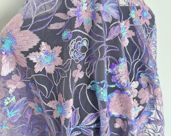 Purple Embroidered Flower Fabric,Leaf lace fabric,Tulle Fabric, Sequined Mesh Fabric,Clothing Fabric,Designer Mesh,DIY Material