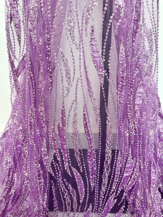Purple Embroidered Flower Lace Fabric, Beaded Leaf Lace Fabric
