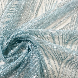 Blue sequin beaded fabric, DIY dress fabric, lace fabric, wedding dress fabric, lace mesh 1 yard