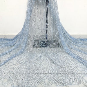Fashion pearl lace fabric, blue beaded mesh, sequin lace fabric, heavy beaded tulle lace fabric, dress fabric, lace mesh