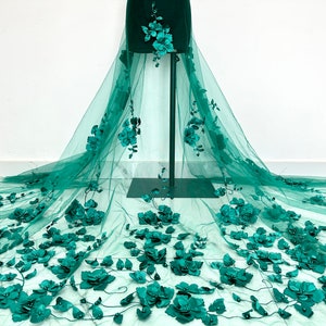 Green 3D three-dimensional flower tulle fabric,flower mesh fabric, DIY bridal gown and veil, lace fabric sold by the yard