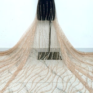 Champagne color heavy beaded lace fabric,evening dress fabric,lace mesh,sequined tulle fabric,for dresses, ball gowns,clothing fabrics