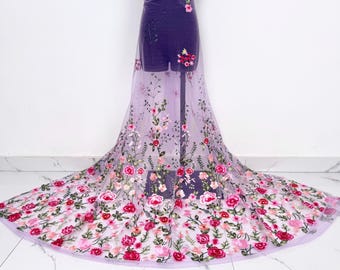 Purple flower leaf embroidered lace fabric，Flower Fabric,DIY Wedding Bridal Evening Girl Dress Veil