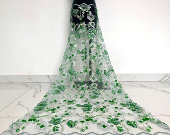 Tissu vert en dentelle florale, tissu en tulle perlé, dentelle florale à paillettes, tissu pour robe de soirée, tissu pour vêtements, tissu en résille