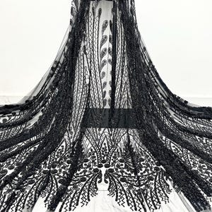 Black Heavy Bead Lace Fabric,Sequin Flower Lace Fabric,Leaf Tulle Fabric,For Party Dress,Pageant Dress,Prom Dress,Lace Mesh 1 Yard