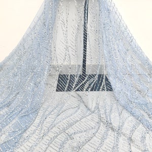 Blue beaded lace fabric,sequin mesh fabric,dress fabric,lace fabric with pearls,wedding evening dress tulle