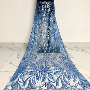 Blue medium sequin lace fabric, mesh fabric, beaded fabric, dress fabric, glitter fabric, fashion tulle fabric, designer beaded lace