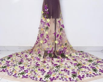 Purple Embroidery Lace Fabric,Floral Tulle Fabric,3d Flower Fabric,Lace Mesh Fabric, Evening Dress Fabric