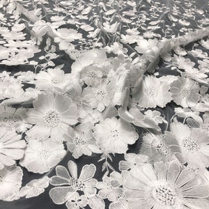 Embroidery Flower Lace Fabric,3D White Floral Tulle Lace Mesh