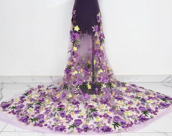 Purple Embroidery fabric,3d Flower Lace,Floral Dress Fabric,Tulle Fabric,Fashion Show Dress,DIY Clothing Fabrics,Lace Fabric