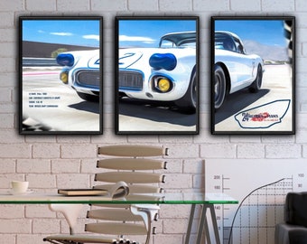 Le Mans 24 Hour Classic 1960 Race Triptych Artwork Featuring the Chevrolet Corvette.