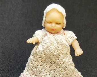 1.5" Dollhouse doll "Samantha" -Ivory/pink with 3" christening outfit