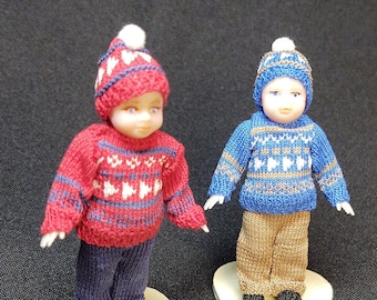 2.75" Dollhouse doll "Marcus" -Blue/Brown or Red/Navy boy outfit