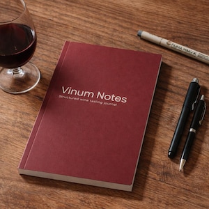 Op de afbeelding: Een bordeauxrood notitieboek met de titel "Vinum Notes" met de ondertitel "Structured wine tasting journal" ligt op een houten oppervlak, naast een wijnglas met rode wijn en twee zwarte pennen. Er is ook een zwart-beige pen aanwezig.