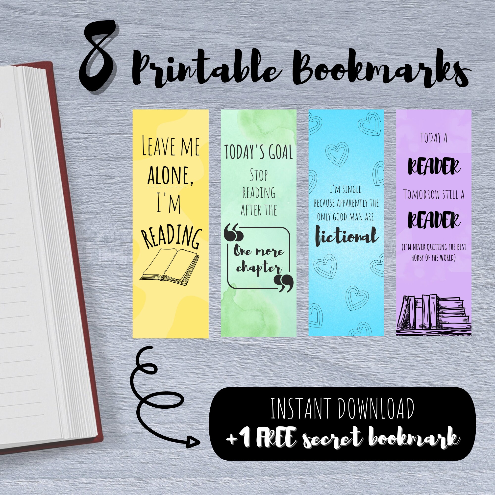 Set of 8 PRINTABLE Bookmarks, Instant Download, Bookmarks Set, Funny