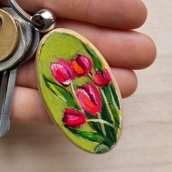 Tulip pink blossom keychain Perfect for Keys or Bags Handmade with Love Acrylic Miniature Painting Original acrylic tiny art Flower painting