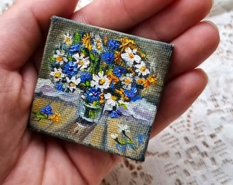 Tiny bouquet of wildflowers with daisies. Oil small original  painting.Flower oil art. Mini canvas with easel. Ukrainian artist