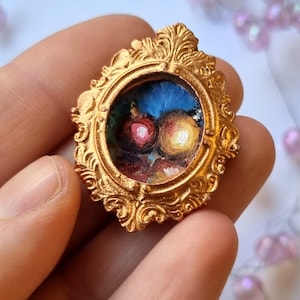 Miniature oil painting, Christmas Baubbles gold and red. Tiny Christmas art in Oval Gold Frame with Magnet, winter tiny painting