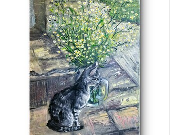 Original Oil Painting – Gray Kitten and Wildflowers | 9x12 in Canvas | Ukrainian Figurative Art