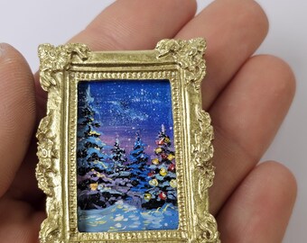 Mini Christmas Oil Painting: Winter Landscape in Gold Frame
