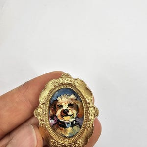 Miniature Dog Painting: Realistic Oil Art in Oval Gold Frame