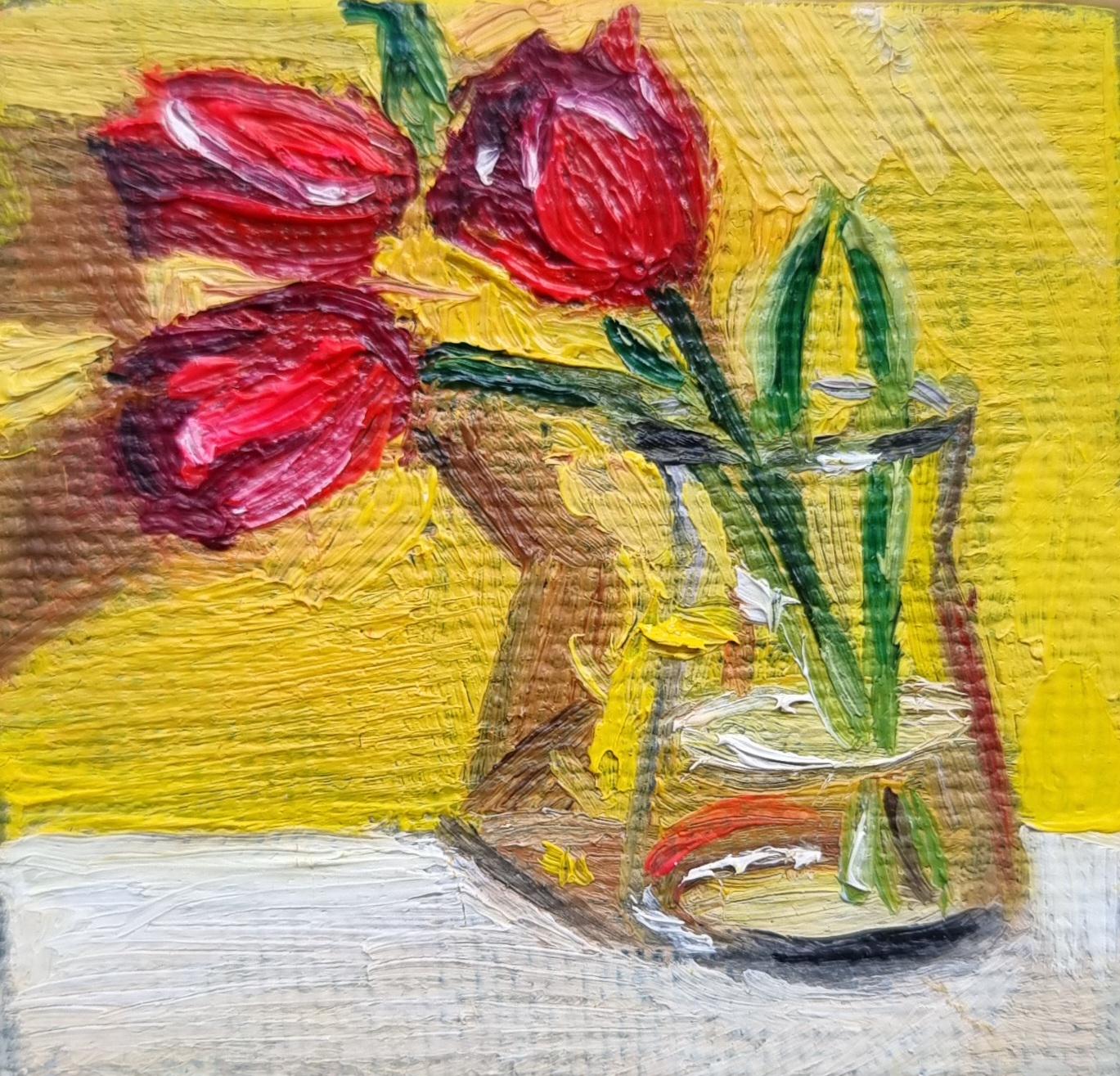 ミニチュア赤いチューリップの油絵：イーゼル付き小さな花の