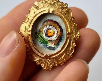 Miniatuur toast en ei-olieverfschilderij - gouden ovale lijstmagneet