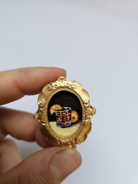 Miniature Negroni Cocktail Oil Painting in Gold Frame: Tiny Bar Art