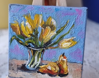 Miniature Yellow Tulip Oil Painting: Original Floral Art with Easel