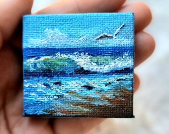 The blue sea with a wave and a seagull tiny painting. Oil small original  painting. . Mini canvas with easel. Ukrainian artist