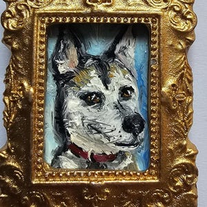 Miniature Custom Dog Portrait: Realistic Oil Painting in Gold Frame