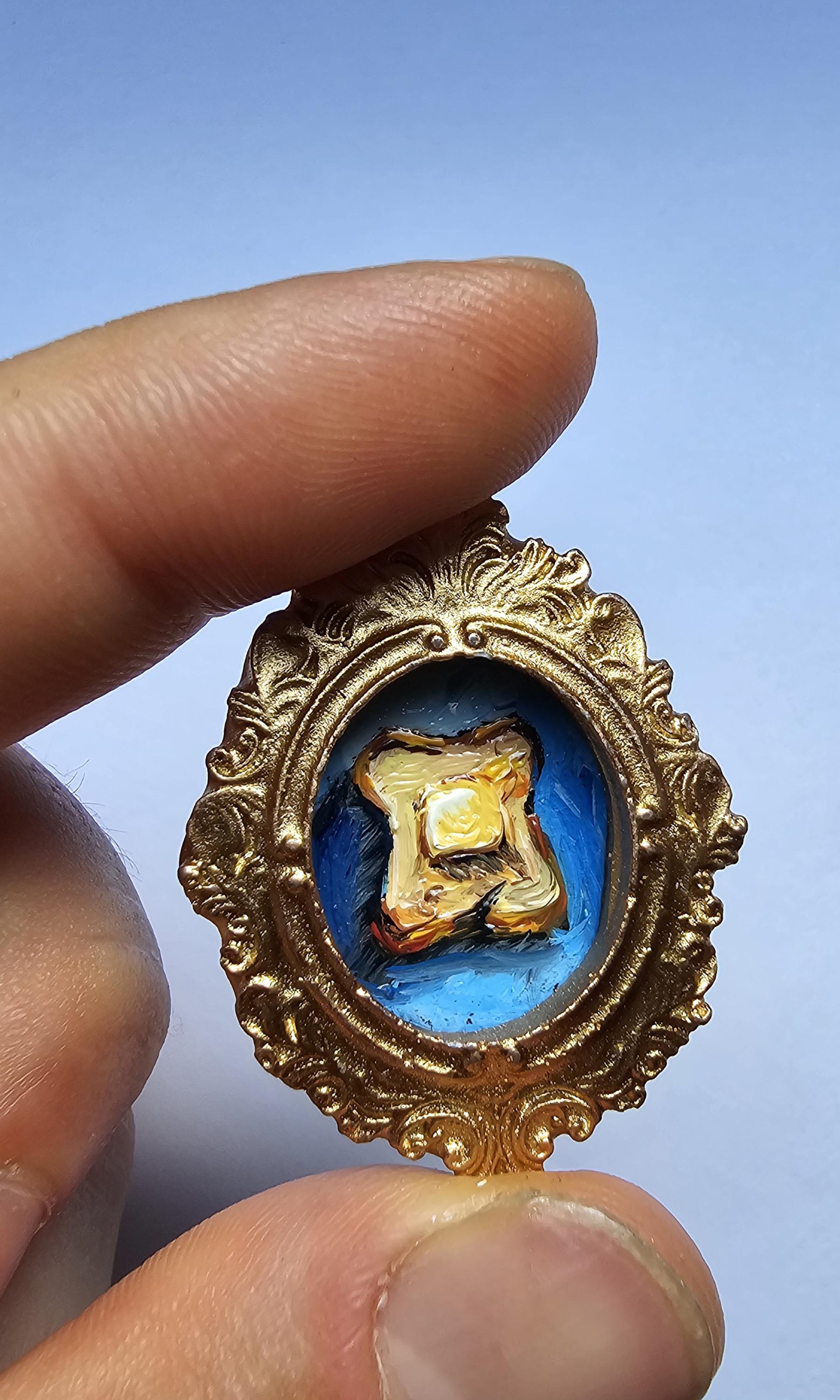 Miniature Buttered Toast Oil Painting: Original Food Art in Gold Frame ...