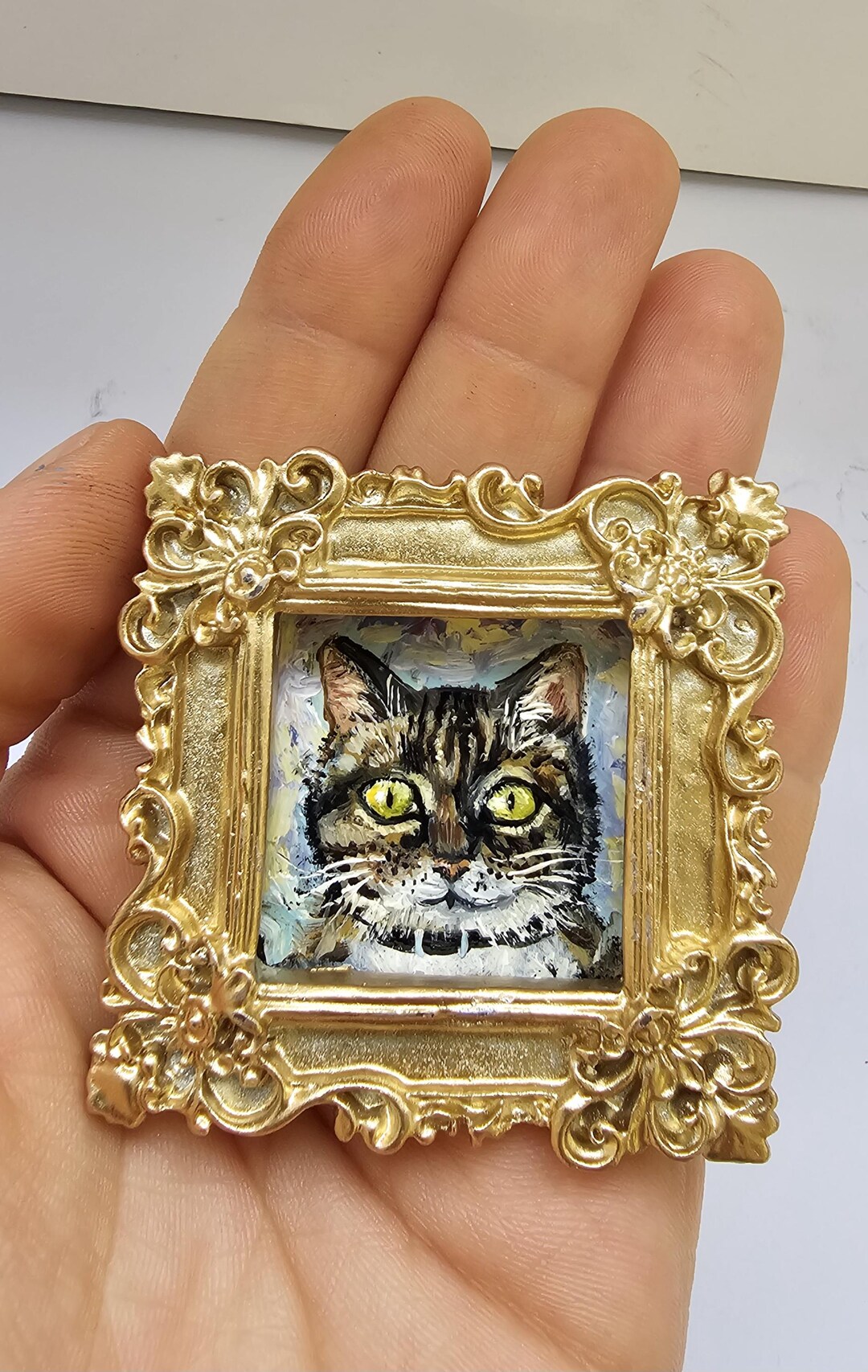Custom Cat Portrait Mini Oil Painting Square Gold Frame Realistic Pet ...
