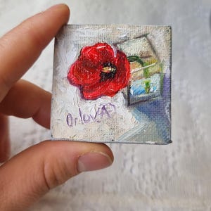 Miniature Oil Painting – Red Poppy in Vase, Realistic Floral Art with Easel, Original Gift 2x2 in / 5x5 cm mother day gift