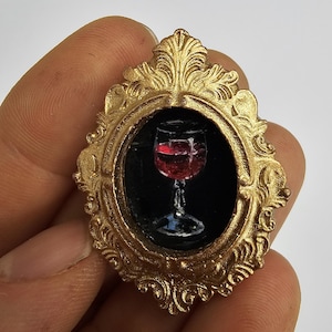 Miniature Wine Oil Painting: Realistic Food Art in Gold Oval Frame