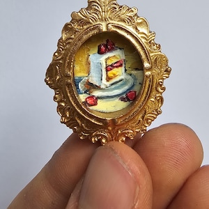 Mini Strawberry Cake Oil Painting: Realistic Food Art in Gold Frame