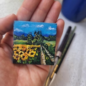 Tiny Realistic Oil Painting – Sunflower Field Landscape  2x2 inch Mini Canvas with Easel Hand-Painted Ukrainian Art – Miniature Countryside