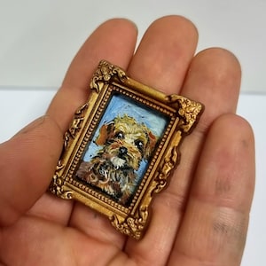 Pintura al óleo en miniatura: pequeño Norfolk Terrier realista en marco dorado (0,7 x 1,1 pulgadas) Retrato de perro personalizado