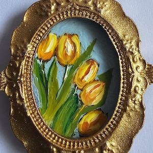 Miniature Yellow Tulip Oil Painting: Gold Frame, Dollhouse Magnet Art