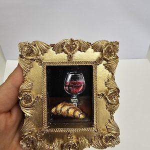Miniature Wine & Croissant Oil Painting: Vintage Gold Frame, Romantic Still Life