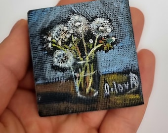 Miniature Dandelion Oil Painting: 2x2 Canvas with Easel