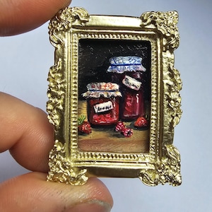 Miniature Jam Painting • 1.2x1.6 in Vintage Gold Frame • Strawberry & Raspberry Jam Oil Art • Tiny Food Art Magnet • Dollhouse Kitchen Decor