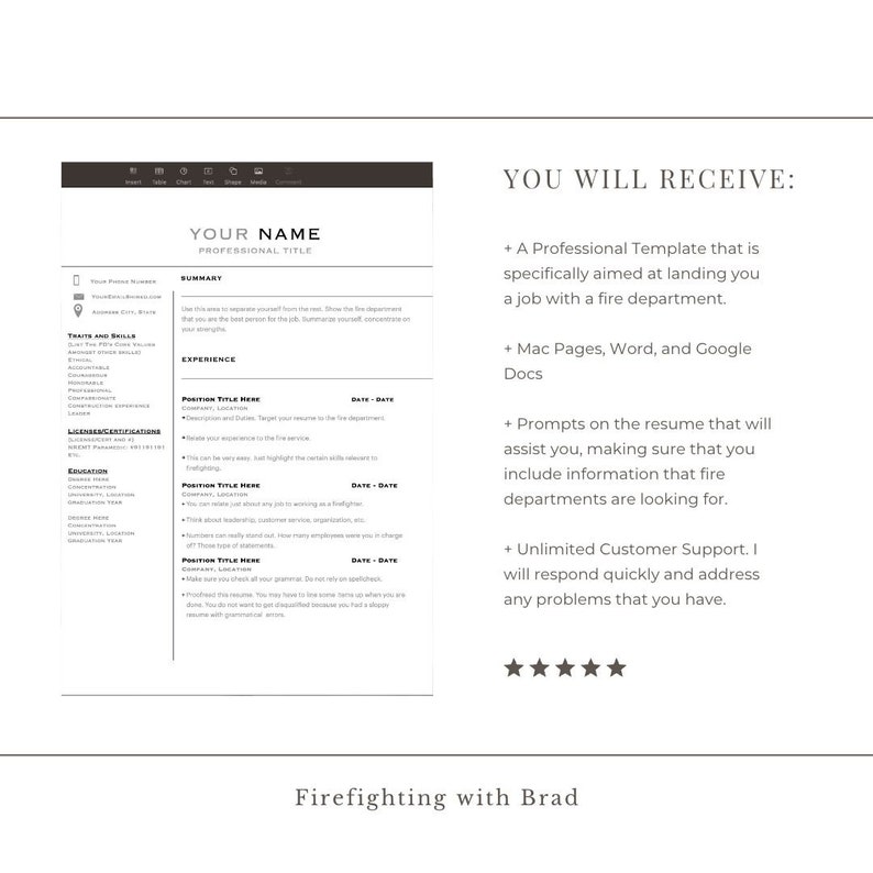 Modern Firefighter Resume Template Etsy Modern Firefighter Resume Template Etsy