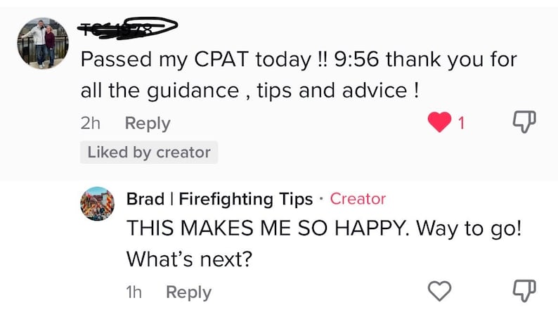 May include: A screenshot of a social media post. The post is from a person who passed their CPAT exam. The post includes a photo of the person and a message thanking the creator for their guidance, tips, and advice. The creator has replied to the post with a message congratulating the person and asking what's next.