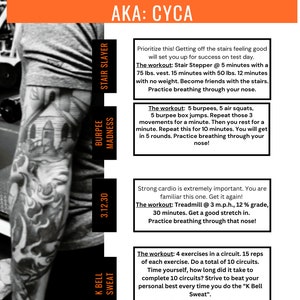 May include: A colorful infographic with orange and black text on a white background. The infographic is titled "Choose Your Cardio Adventure AKA: CYCA". It lists four different cardio workouts with descriptions and names: "Stair Slayer", "Burpee Madness", "3.12.30 K Bell Sweat", and "Treadmill".